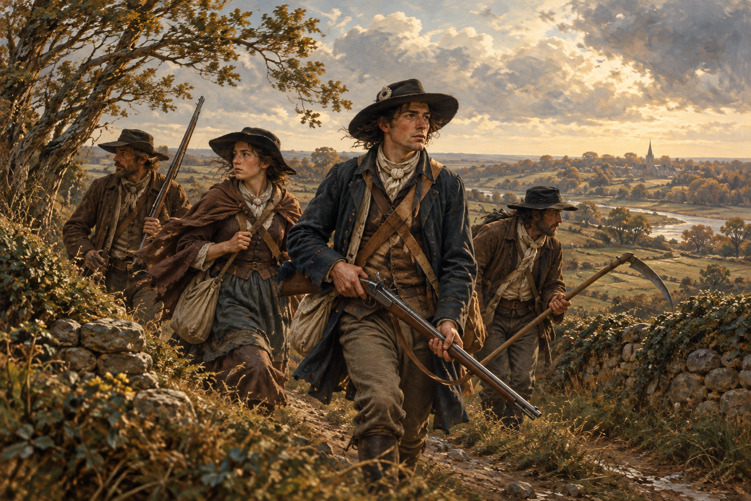 Vendéen insurgents in the bocage countryside, an illustration for Vents rebelles